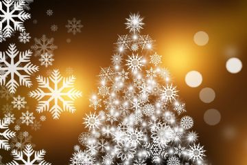 Albero di Natale stilizzato con fiocchi di neve su fondo dorato