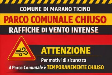 Immagine a sfondo rosso con indicazione di chiusura parco giochi per forme vento con segnale di pericolo