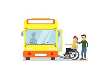 Illustrazione di un autobus scolastico di colore arancione e giallo. Accanto al mezzo sono raffigurati un ragazzo in sedia a rotelle e un accompagnatore, che cammina al suo fianco. L’immagine rappresenta il servizio di trasporto scolastico per studenti con disabilità