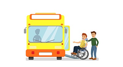 Illustrazione di un autobus scolastico di colore arancione e giallo. Accanto al mezzo sono raffigurati un ragazzo in sedia a rotelle e un accompagnatore, che cammina al suo fianco. L’immagine rappresenta il servizio di trasporto scolastico per studenti con disabilità